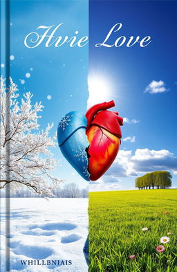 A surreal book cover that blends elements of winter and summer weather, showcasing a split landscape