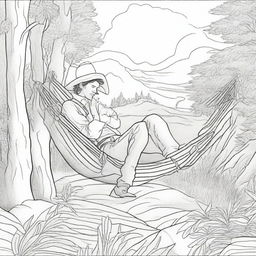 A cowboy lounging lazily in a hammock amidst the serene wilderness, designed as a enjoyable colouring book page.