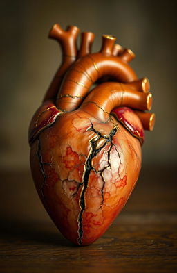 An intricate anatomical heart crafted using the kintsugi technique, showcasing the delicate fractures mended with shimmering gold lacquer, highlighting the beauty of imperfection