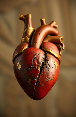 An intricate anatomical heart crafted using the kintsugi technique, showcasing the delicate fractures mended with shimmering gold lacquer, highlighting the beauty of imperfection