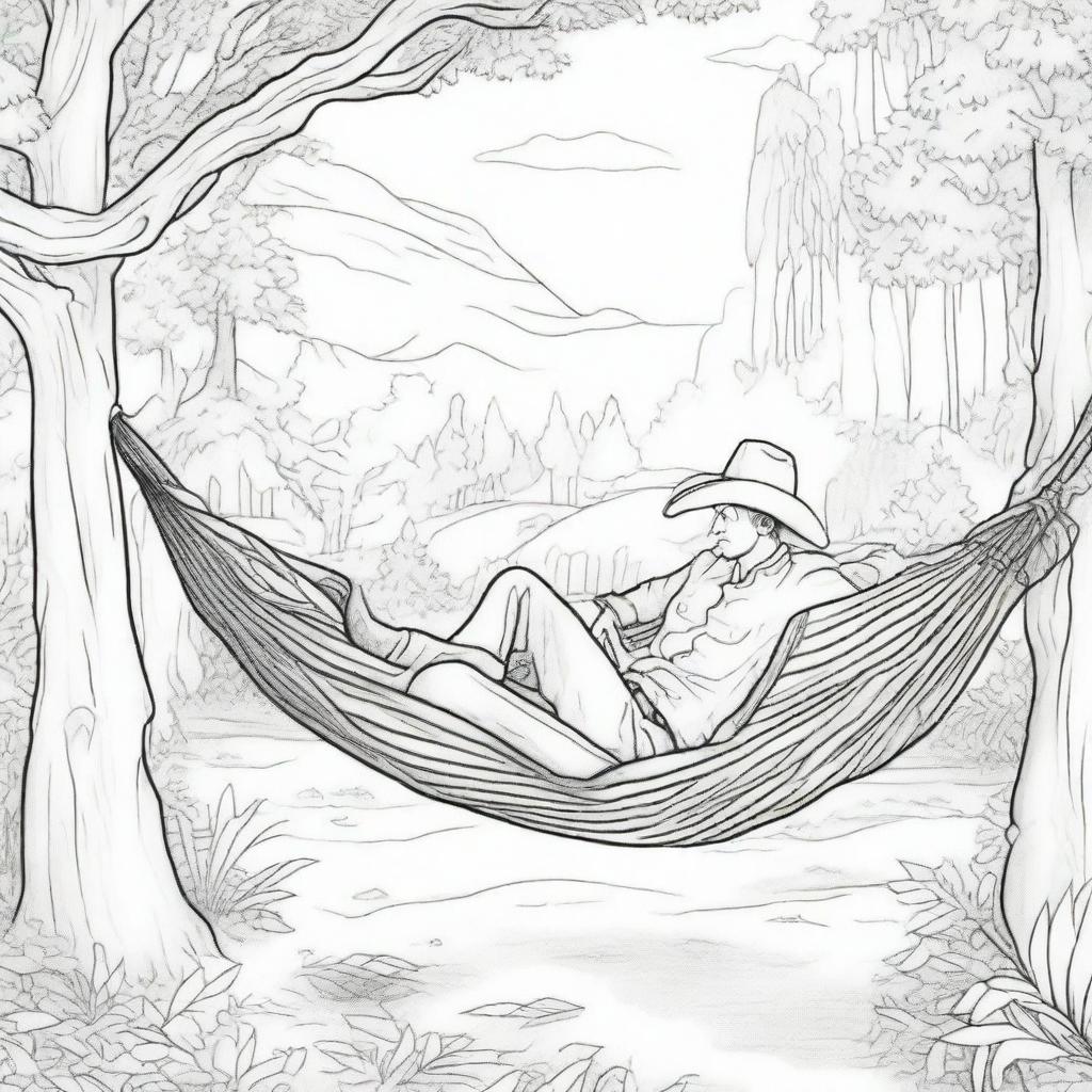 A cowboy lounging lazily in a hammock amidst the serene wilderness, designed as a enjoyable colouring book page.