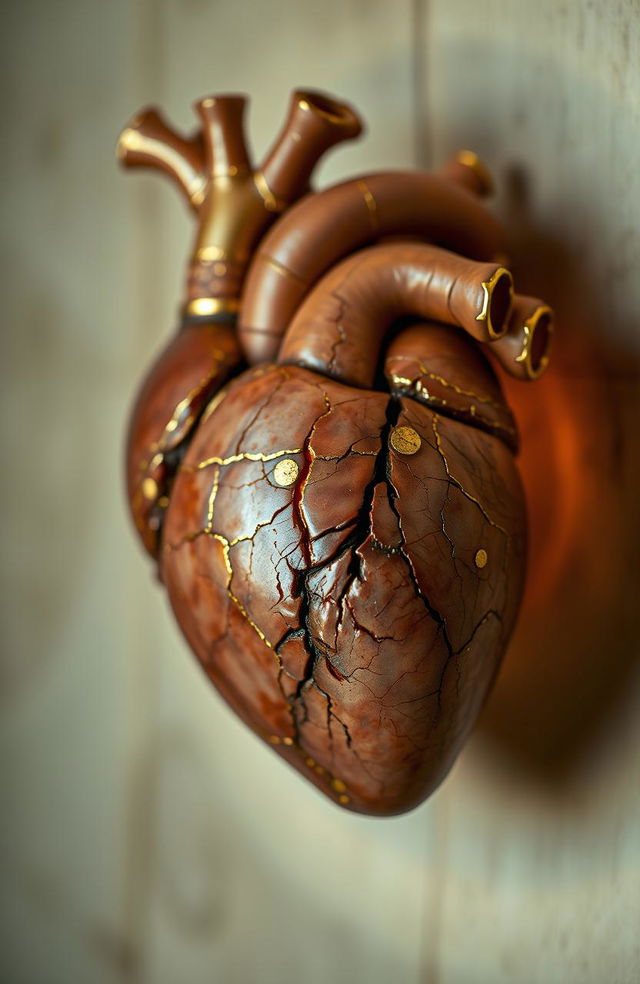 An intricate anatomical heart crafted using the kintsugi technique, showcasing the delicate fractures mended with shimmering gold lacquer, highlighting the beauty of imperfection