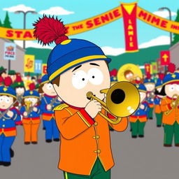 A cartoon-style illustration of Stan Marsh from South Park playing a trombone as part of a lively marching band