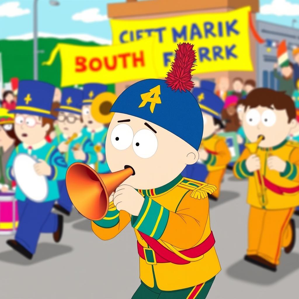 A cartoon-style illustration of Stan Marsh from South Park playing a trombone as part of a lively marching band