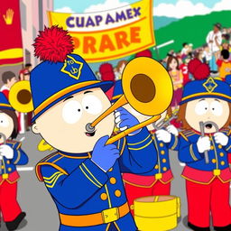 A cartoon-style illustration of Stan Marsh from South Park playing a trombone as part of a lively marching band