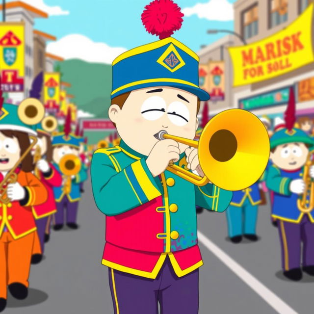 A cartoon-style illustration of Stan Marsh from South Park playing a trombone as part of a lively marching band