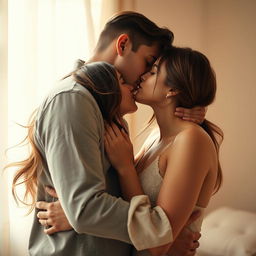 A romantic and intimate scene depicting a woman and a man sharing a passionate kiss, embodying deep affection and connection