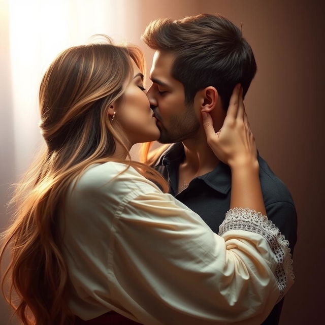 A romantic and intimate scene depicting a woman and a man sharing a passionate kiss, embodying deep affection and connection