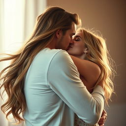 A romantic and intimate scene depicting a woman and a man sharing a passionate kiss, embodying deep affection and connection