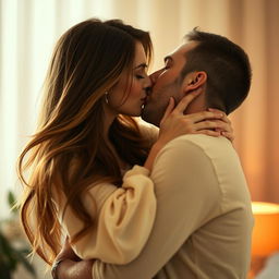 A romantic and intimate scene depicting a woman and a man sharing a passionate kiss, embodying deep affection and connection