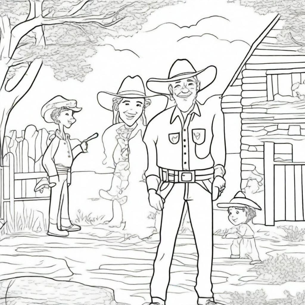 A jovial cowboy spending quality time with his family in a playful outdoor scene, represented as a heartwarming colouring book page