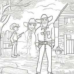 A jovial cowboy spending quality time with his family in a playful outdoor scene, represented as a heartwarming colouring book page