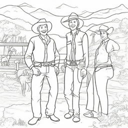 A jovial cowboy spending quality time with his family in a playful outdoor scene, represented as a heartwarming colouring book page