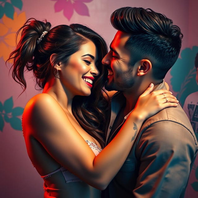 A vibrant and passionate scene featuring a sexy, attractive woman and a handsome man engaging in an intimate and romantic moment together