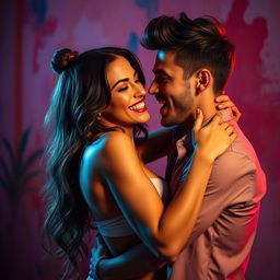 A vibrant and passionate scene featuring a sexy, attractive woman and a handsome man engaging in an intimate and romantic moment together
