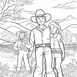 A jovial cowboy spending quality time with his family in a playful outdoor scene, represented as a heartwarming colouring book page