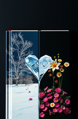 A surreal book cover that combines elements of winter and summer weather, featuring a split scene where one side showcases a cold, snowy landscape with bare trees and frost, while the other side blooms with vibrant summer flowers under a bright sun