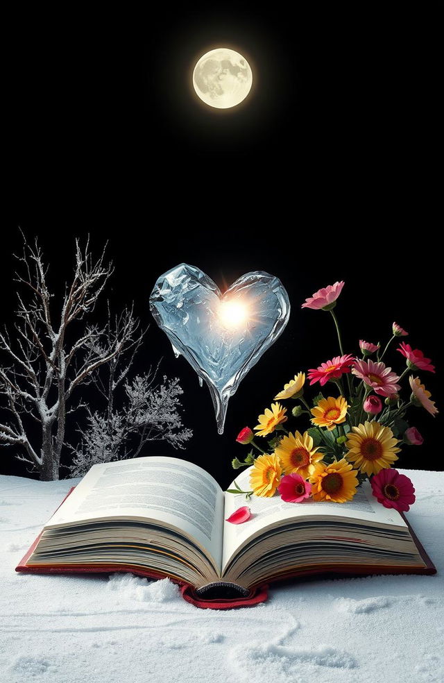 A surreal book cover that combines elements of winter and summer weather, featuring a split scene where one side showcases a cold, snowy landscape with bare trees and frost, while the other side blooms with vibrant summer flowers under a bright sun