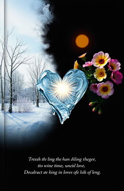 A surreal book cover that combines elements of winter and summer weather, featuring a split scene where one side showcases a cold, snowy landscape with bare trees and frost, while the other side blooms with vibrant summer flowers under a bright sun