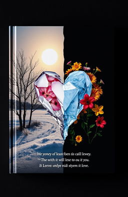 A surreal book cover that combines elements of winter and summer weather, featuring a split scene where one side showcases a cold, snowy landscape with bare trees and frost, while the other side blooms with vibrant summer flowers under a bright sun