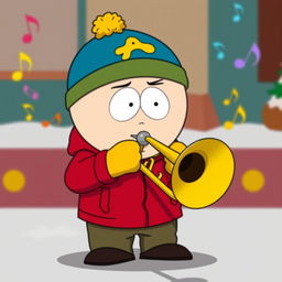 A cartoon-style illustration of Eric Cartman from South Park, humorously playing a trombone