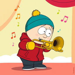 A cartoon-style illustration of Eric Cartman from South Park, humorously playing a trombone