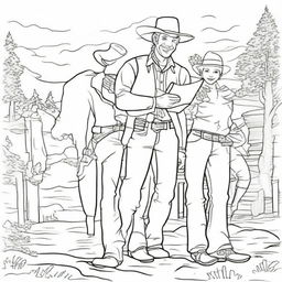 A jovial cowboy spending quality time with his family in a playful outdoor scene, represented as a heartwarming colouring book page