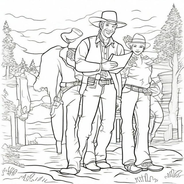 A jovial cowboy spending quality time with his family in a playful outdoor scene, represented as a heartwarming colouring book page