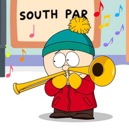 A cartoon-style illustration of Eric Cartman from South Park, humorously playing a trombone