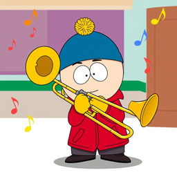 A cartoon-style illustration of Eric Cartman from South Park, humorously playing a trombone