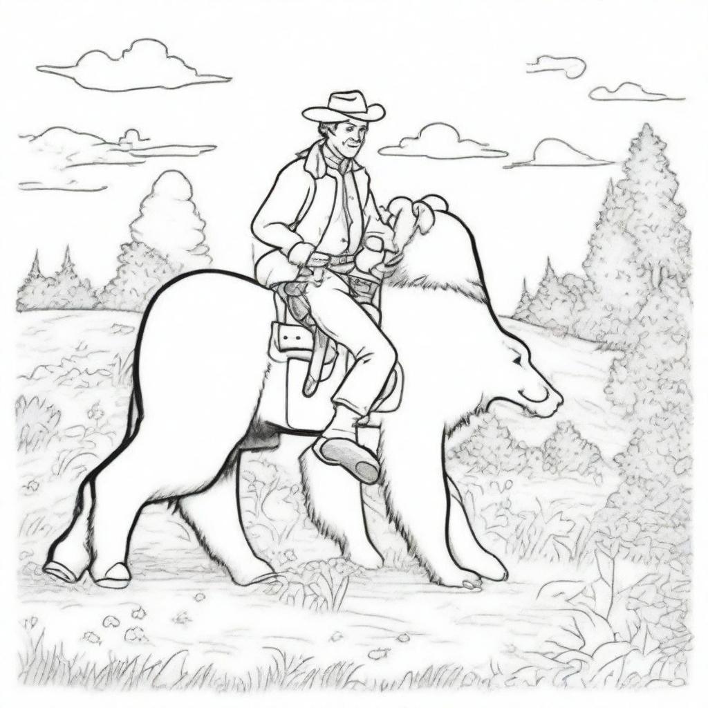 A friendly cowboy engaging in playful antics with a bear, presented as a unique and lively colouring book page.