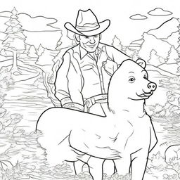 A friendly cowboy engaging in playful antics with a bear, presented as a unique and lively colouring book page.