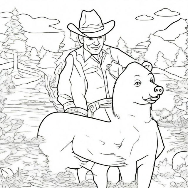 A friendly cowboy engaging in playful antics with a bear, presented as a unique and lively colouring book page.