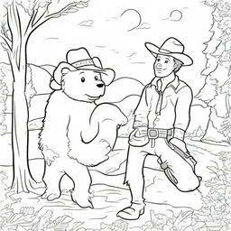 A friendly cowboy engaging in playful antics with a bear, presented as a unique and lively colouring book page.