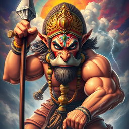 A powerful and dynamic depiction of Hanuman, the Hindu deity, showcasing his fierce and determined expression