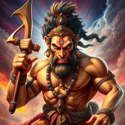 A powerful and dynamic depiction of Hanuman, the Hindu deity, showcasing his fierce and determined expression