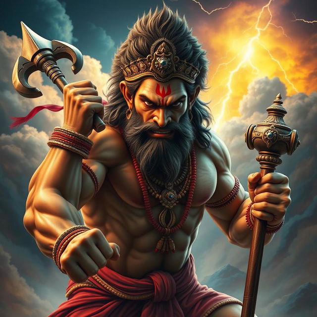 A powerful and dynamic depiction of Hanuman, the Hindu deity, showcasing his fierce and determined expression