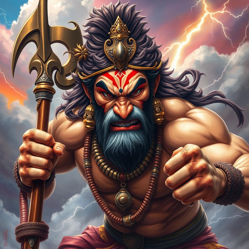 A powerful and dynamic depiction of Hanuman, the Hindu deity, showcasing his fierce and determined expression