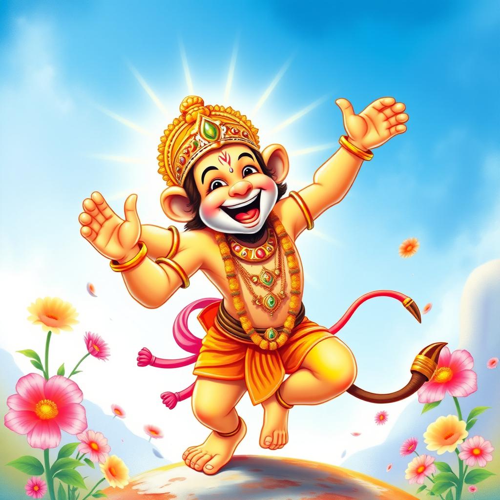 A joyful and uplifting depiction of Hanuman, the Hindu deity, showcasing a wide, cheerful smile that radiates happiness and positivity