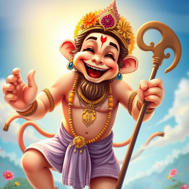 A joyful and uplifting depiction of Hanuman, the Hindu deity, showcasing a wide, cheerful smile that radiates happiness and positivity