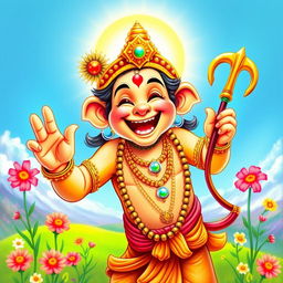 A joyful and uplifting depiction of Hanuman, the Hindu deity, showcasing a wide, cheerful smile that radiates happiness and positivity