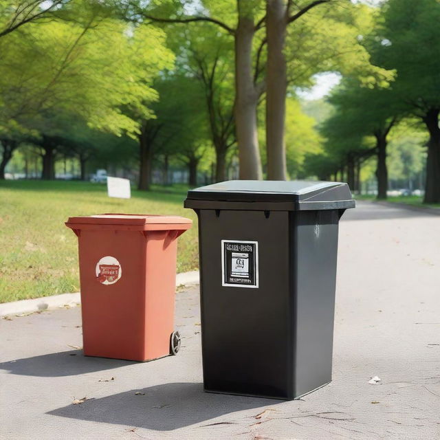 Two identical trash bins, one overflowing with litter and paper on the ground, and the other cleaner with paper neatly inside the bin