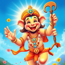 A joyful and uplifting depiction of Hanuman, the Hindu deity, showcasing a wide, cheerful smile that radiates happiness and positivity