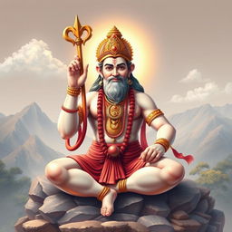 A serene and majestic depiction of Hanuman, the Hindu deity, portrayed in a traditional style