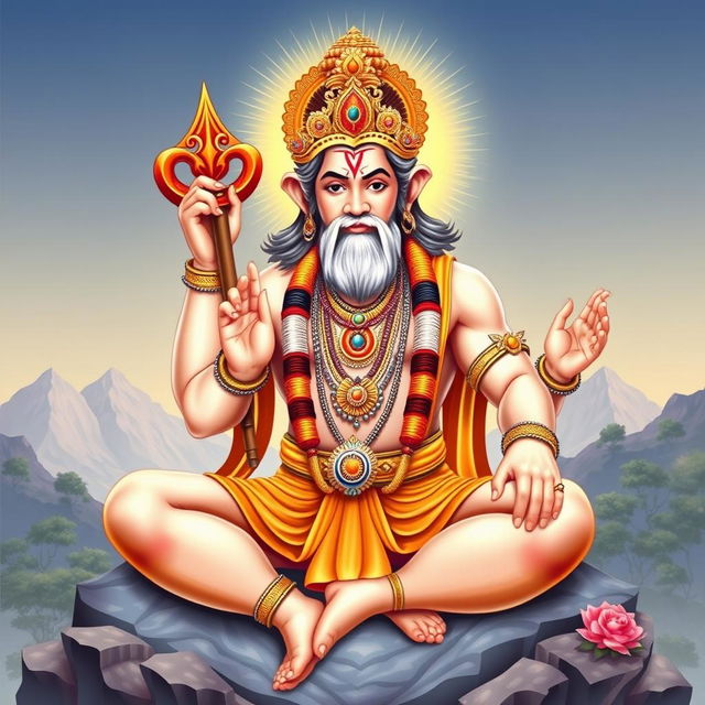 A serene and majestic depiction of Hanuman, the Hindu deity, portrayed in a traditional style