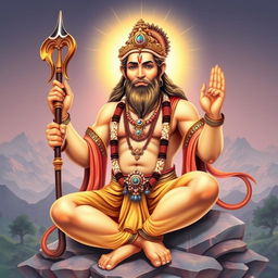 A serene and majestic depiction of Hanuman, the Hindu deity, portrayed in a traditional style