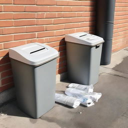 Two identical trash bins, one overflowing with litter and paper on the ground, and the other cleaner with paper neatly inside the bin