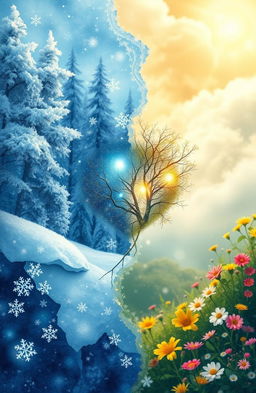An artistic cover illustration that embodies the duality of winter and summer, blending elements from both seasons to create a surreal landscape