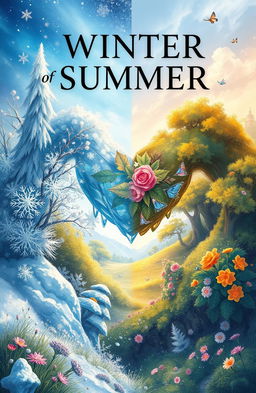 An artistic cover illustration that embodies the duality of winter and summer, blending elements from both seasons to create a surreal landscape