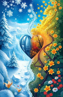 An artistic cover illustration that embodies the duality of winter and summer, blending elements from both seasons to create a surreal landscape